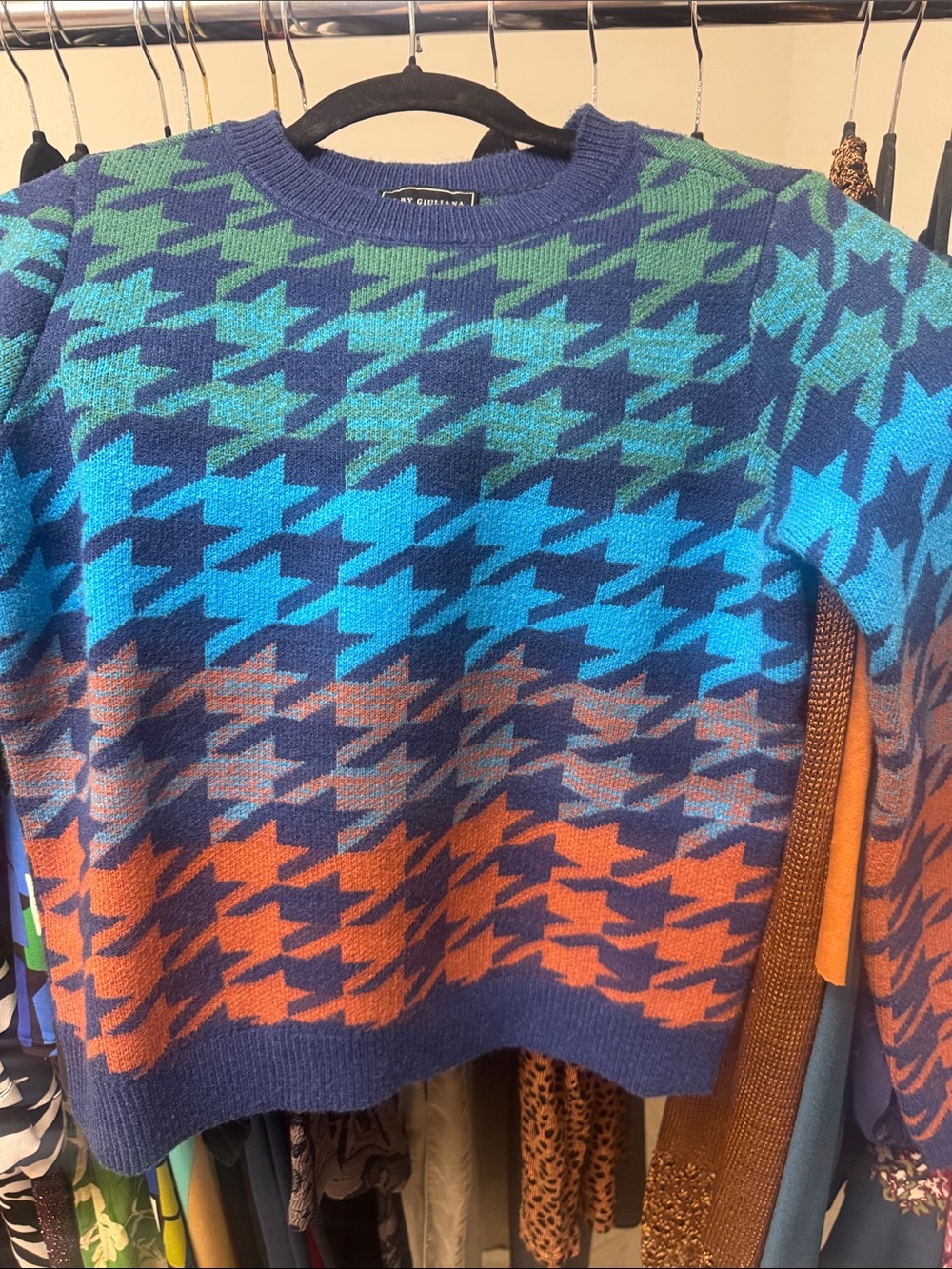 G by Giuliana Blue, Teal & Orange Houndstooth Crewneck Sweater